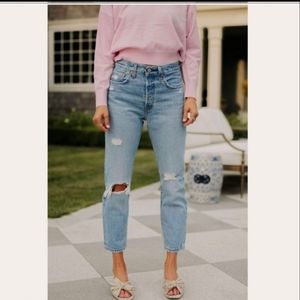 Levi's 501 High Rise Waisted Straight Distressed Crop Jeans